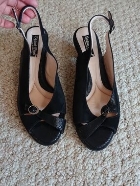 BeautiFeel Black leather Slingback Peep Toe sandals Heels size 9